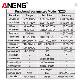 Nový profi elektro tester Aneng 20A+f, tRMS, LACNO - 3