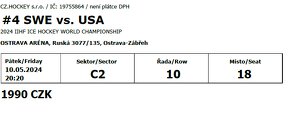 4x lístek na MS v Hokeji OSTRAVA - SVK vs. GER, SWE vs. USA - 3