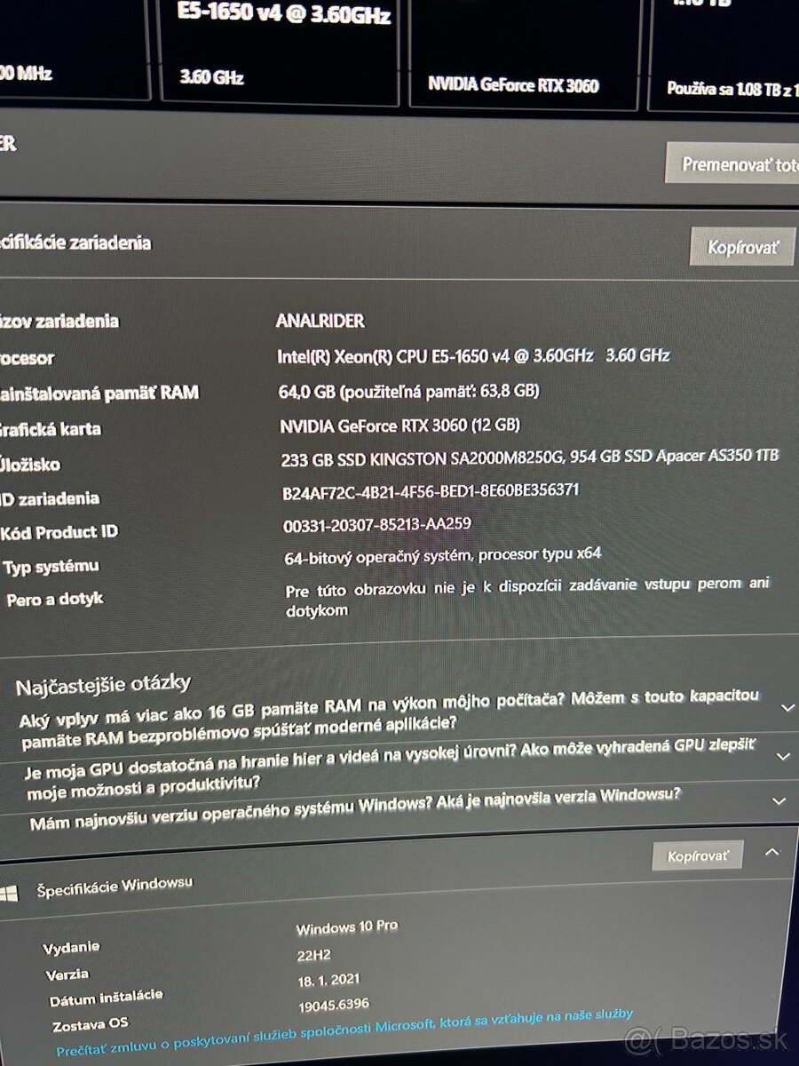 Predám výkonný PC 64GB RAMXeon E5-1650 v4, 64 G - 4