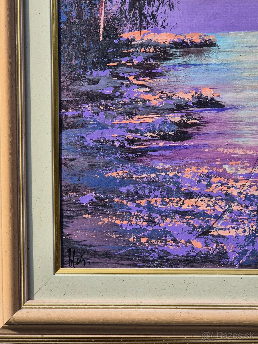 Platno,zatisie na mori s lodkou- olej na platne, Chorvatsko - 4