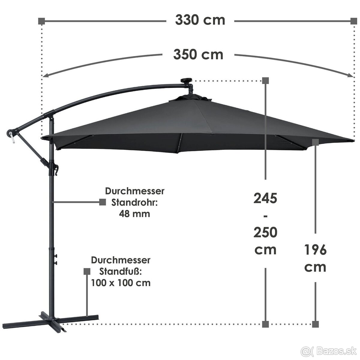 LED slnečník 3 m a 3,5 m šedá a krémová závažia a kryt - 4