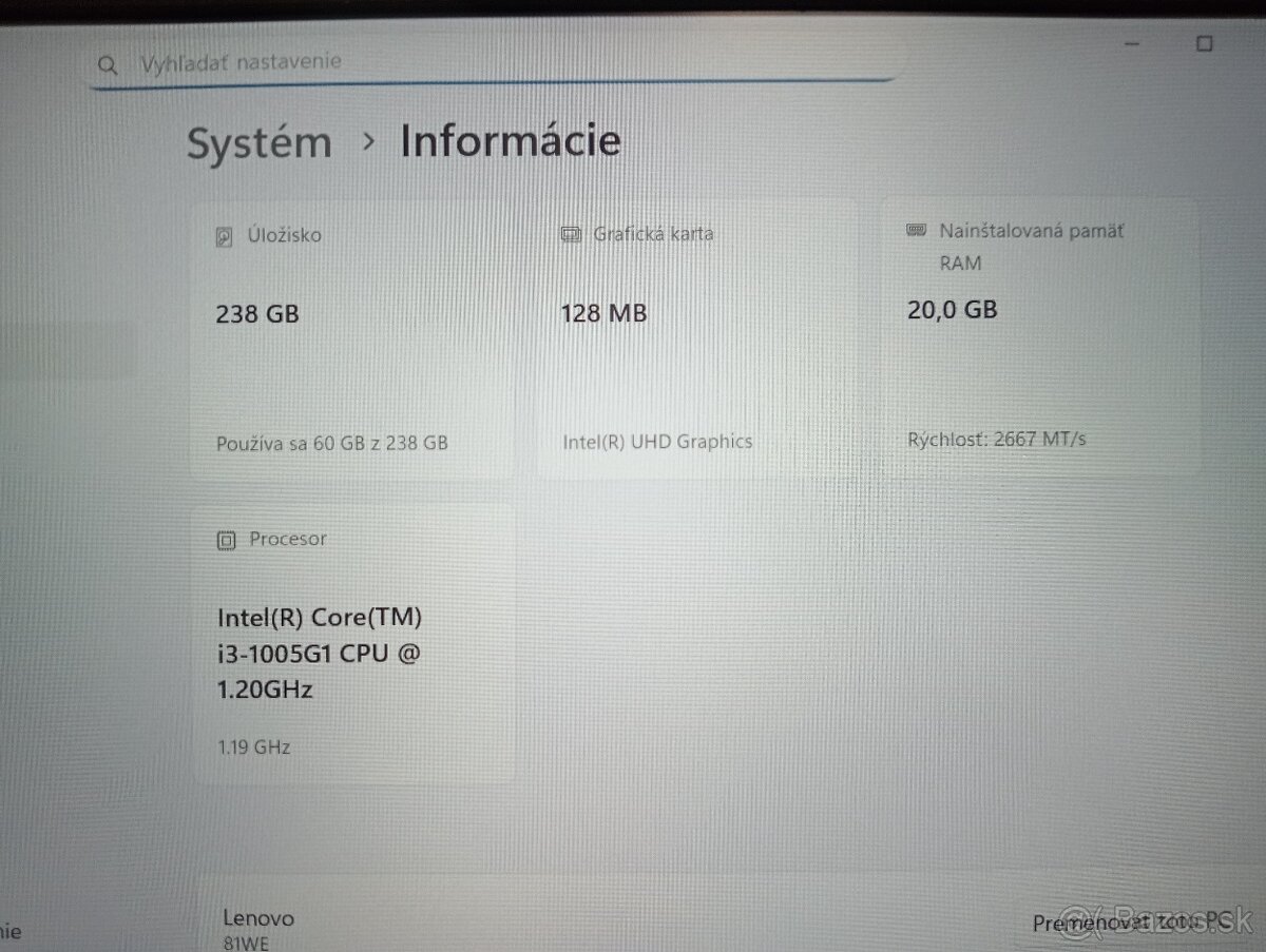 predám Lenovo ideapad 3 , Intel(R) Core™i3 , 20gb ram , ssd - 4