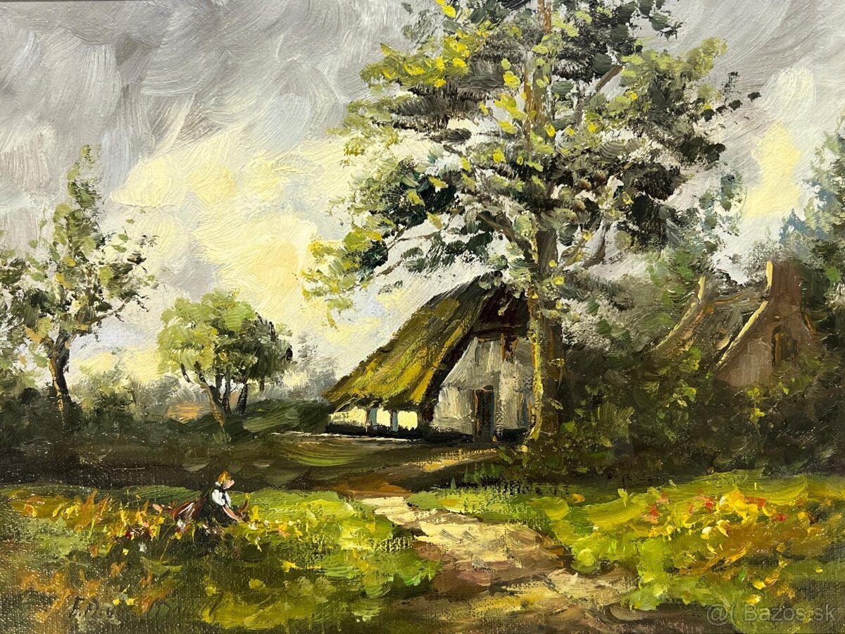 Olejomaľba chalupky s dievčatkom - 4