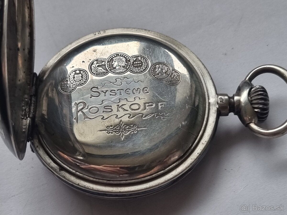 Strieborné, vreckové hodinky,Roskopf.. - 4