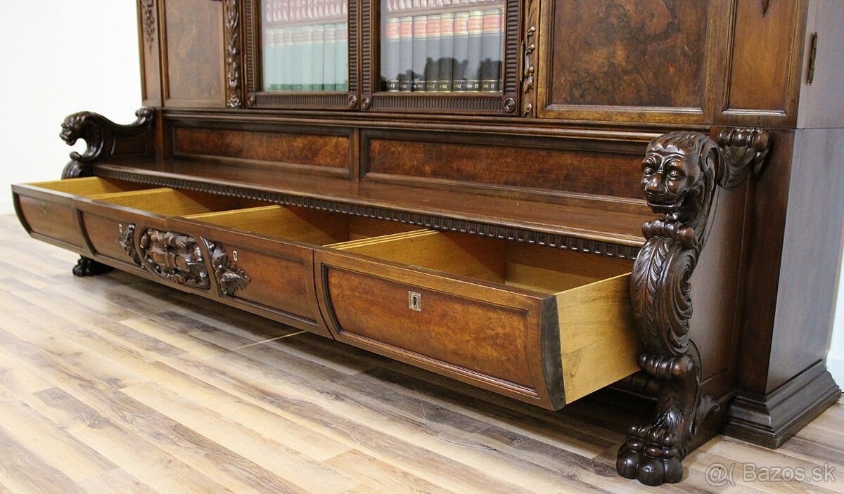 Starožitná neorenesanční knihovna s lavící - tlapy - 4