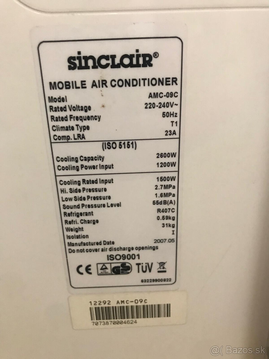Predám mobilnú klimatizáciu značky Sinclair AMC-09C - 4