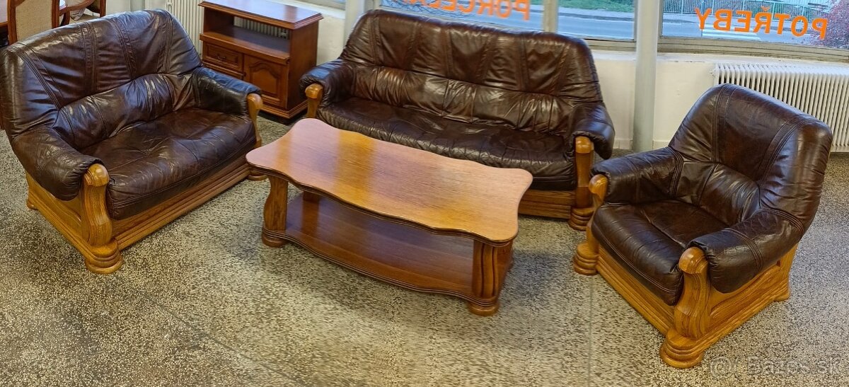 Rustikální kožená sedací souprava, 3+2+1, nábytek z masívu - 4