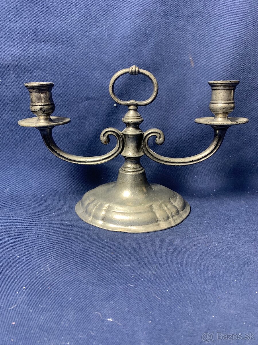 Starozitny kovový svietnik a tanier - 4
