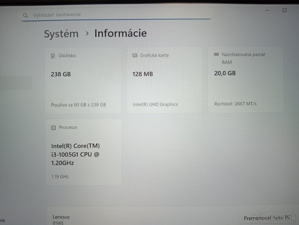 predám Lenovo ideapad 3 , Intel(R) Core™i3 , 20gb ram , ssd - 4