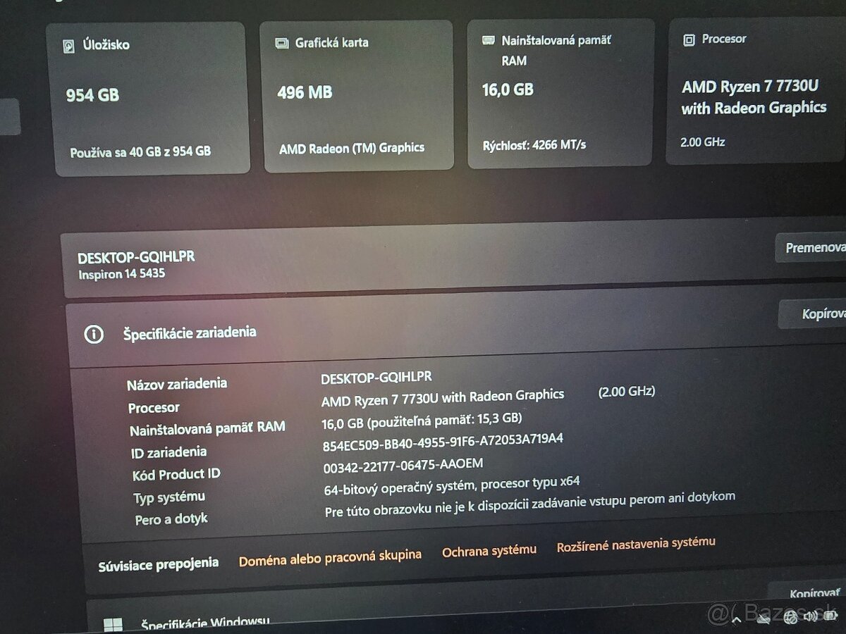 Kovovy Dell inspiron 14 5435 s ryzen 7 procesorom 16gb ram a - 4