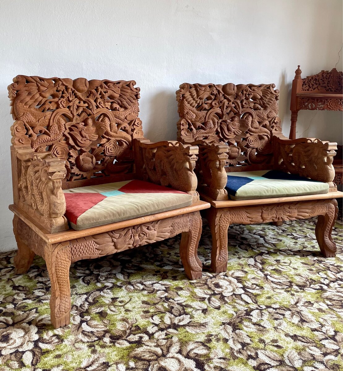 Veľky vyzrezávany set z tíkového dreva, dovezený z Ázie - 4