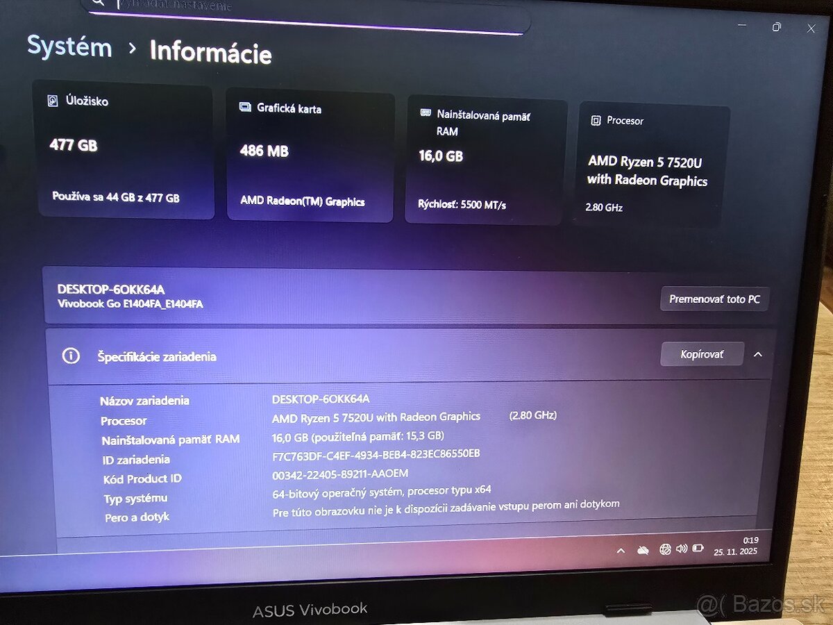 Asus Vivobook 14 Go model 2024 s procesorom AMD ryzen 5 7 ge - 4