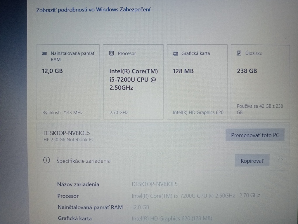 predám notebook Hp 250 G6 , Intel core i5 ,12gb ram ,ssd - 4