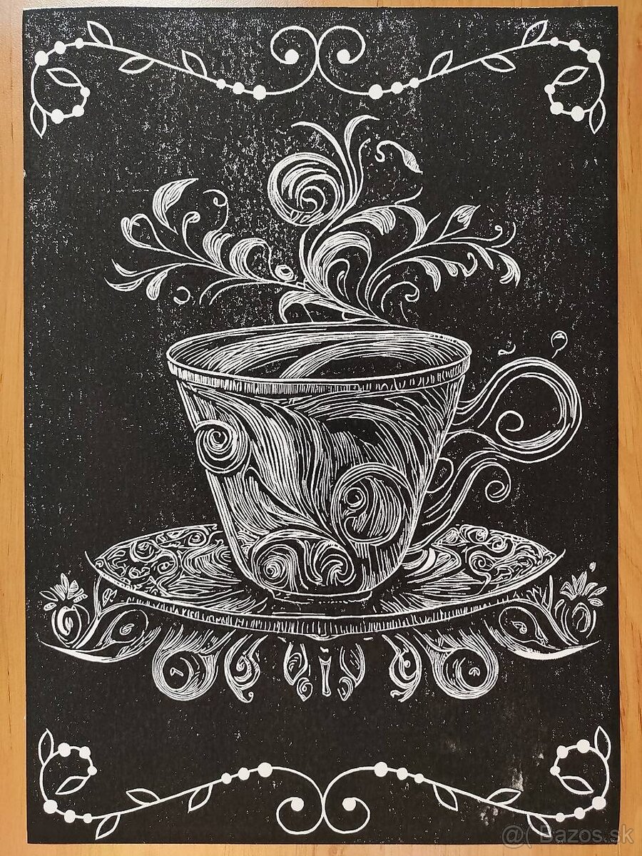 Šálka ornament - linoryt - grafika _ posledné 4 kusy - 4