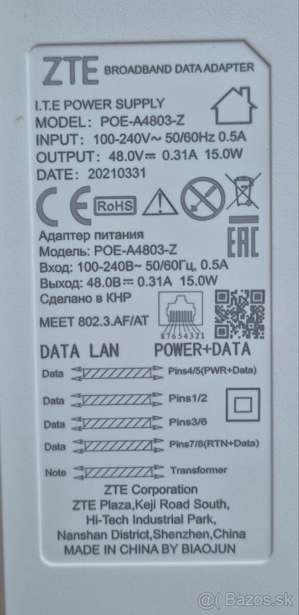 PoE adaptér ZTE POE-A4803-Z 48V / 0,31A (15W) - 4