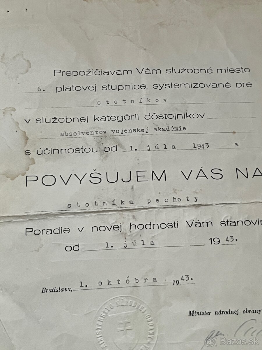 Slovenský štát povyšovací dekrét kapitán - stotník - 4