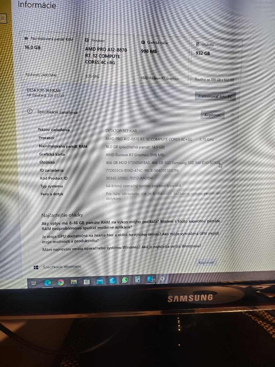 Predám PC HP Elite Desk 705 G3 base model small - 4