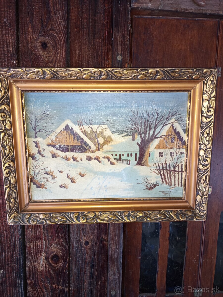 Obraz olejomaľba ,sneh na dedine - 4