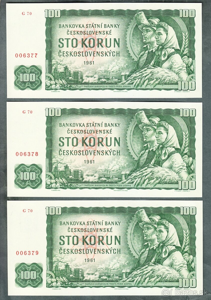 Sestava bankovky 100 kčs 1961 - 3 ks ČÍSLA PO SOBĚ, bezvadné - 4