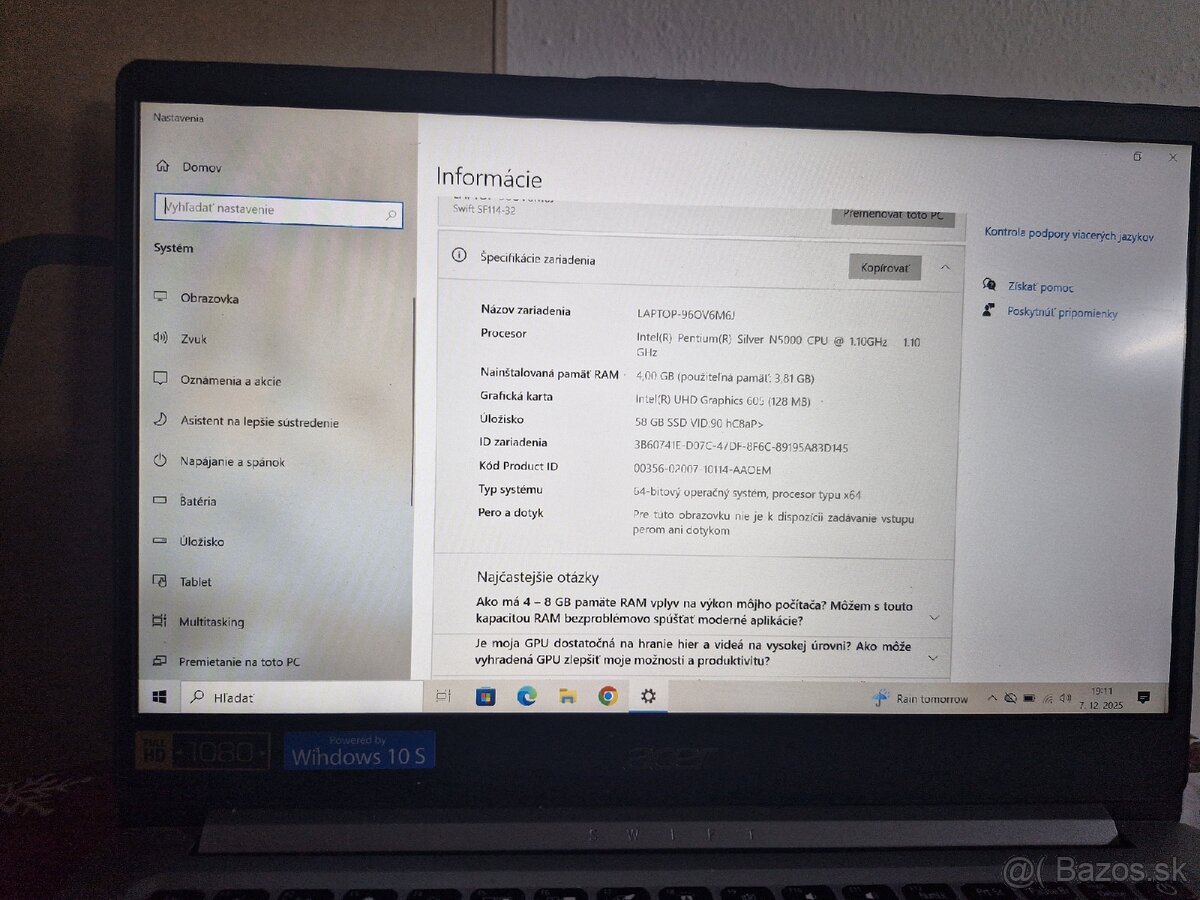 Predám notebook acer swift - 4