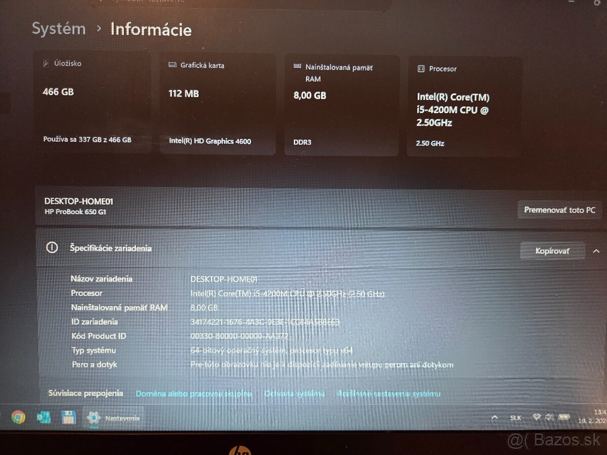 Predám notebook hp probook 650 g1 8gb / 512 ssd hdd - 4