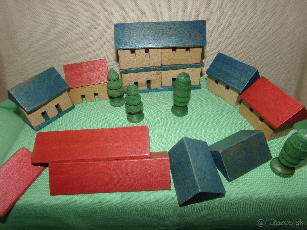 RETRO DREVENÉ KOCKY - domčeky DEDINA - top stav - 4