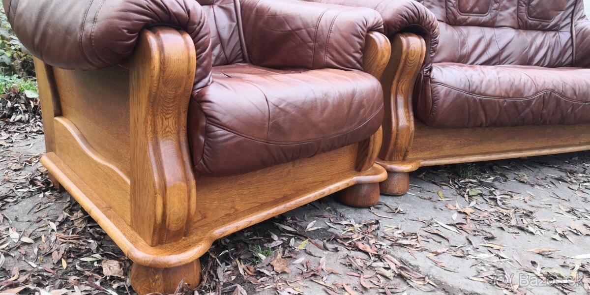 Kožená sedacia súprava 3+1+1 s masivnym dub.drevom - 4