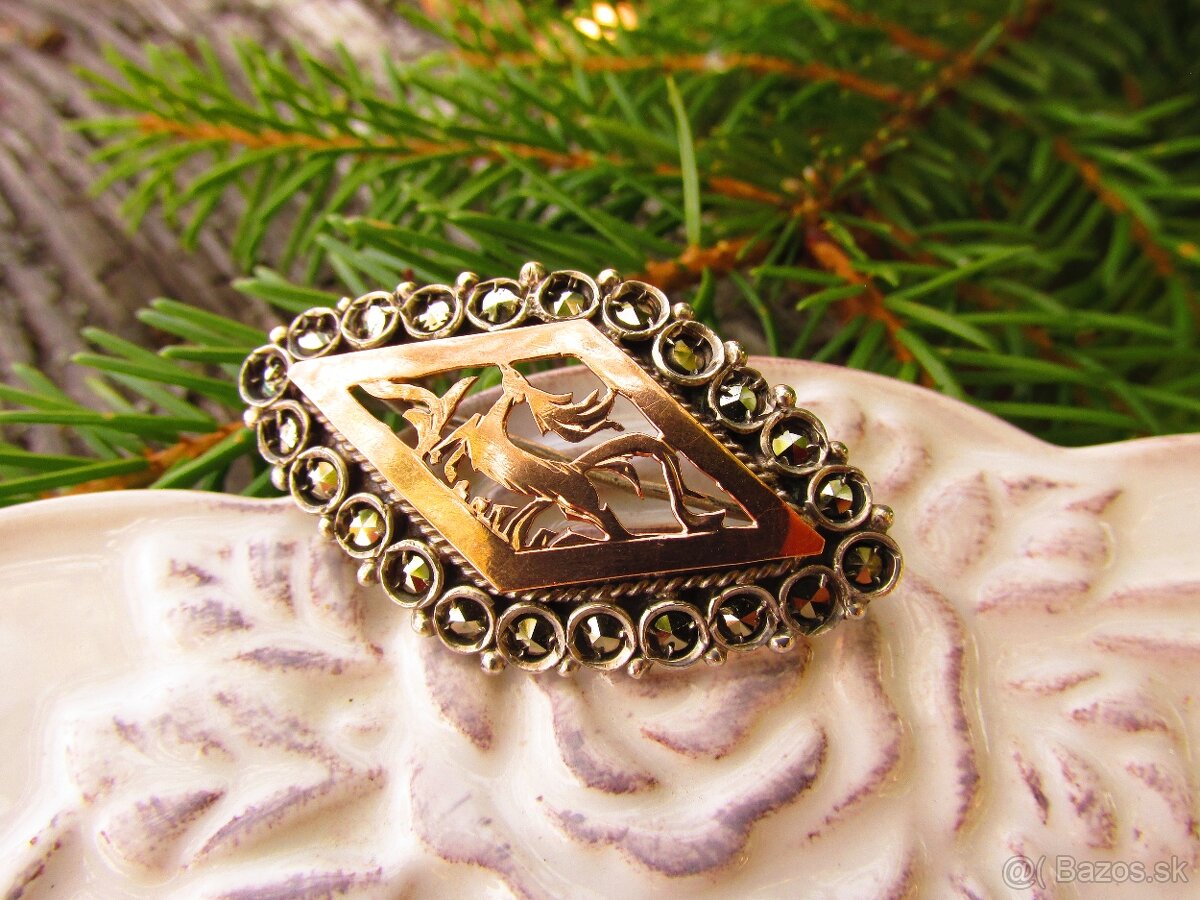 Strieborná brošňa so zlatom a markazitmi, Ag 925 - 4