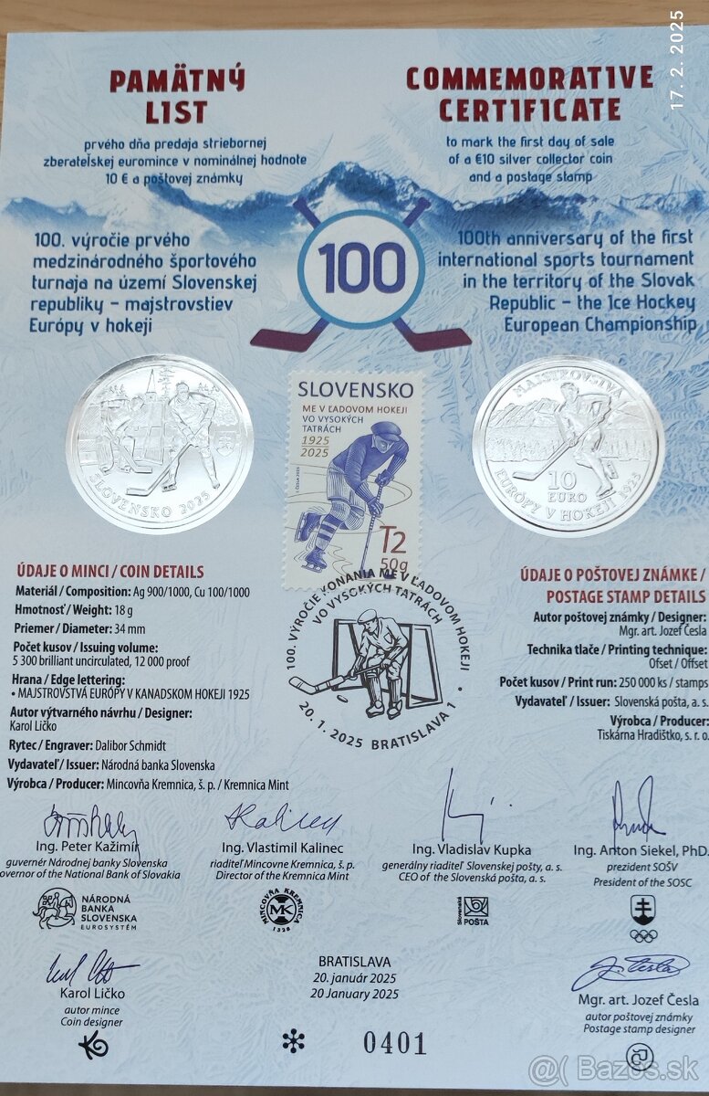 Predám 10e Majstrovstvá Európy v hokeji Proof+Bk - 4