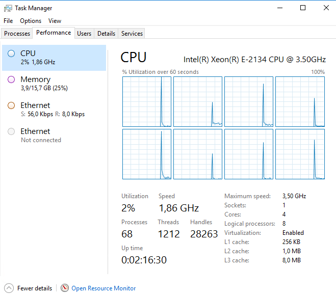 HPE ProLiant ML30 Gen10, E-2134 CPU Cores 4, Threads 8 - 4