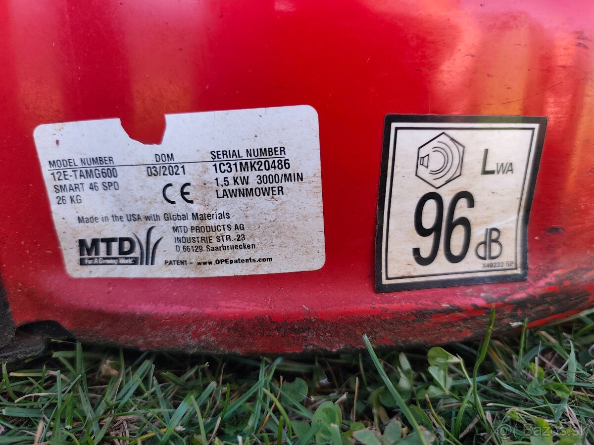 Predám benzínovú kosačku s pojazdom MTD Smart 46 SPO - 4