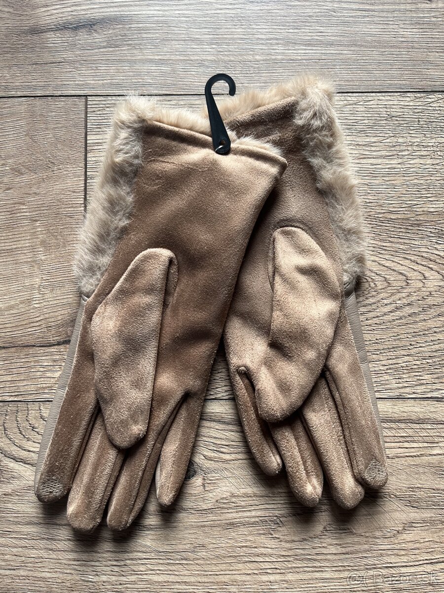 Damske bezove rukavice s umelou kozusinou - 4