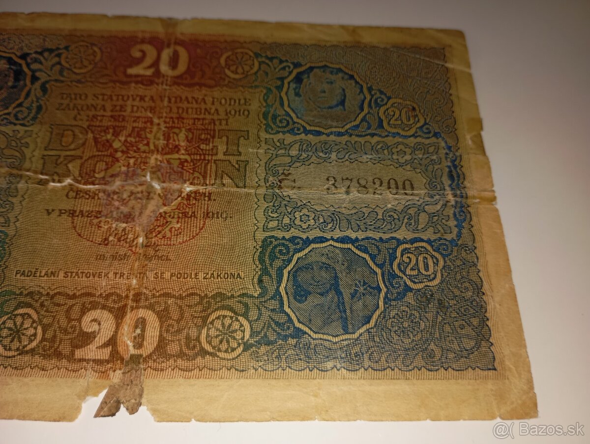 BANKOVKA 20 KČ 1919, VZÁCNÁ SÉRIE U, NEPERFOROVANÁ - 4