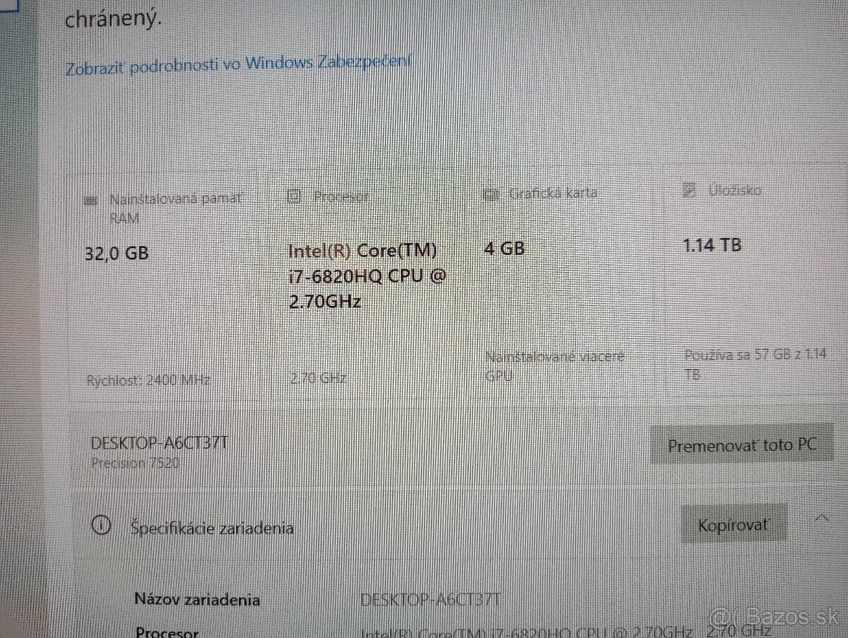 predám Dell precision 7520 , Intel core i7 , 32gb ram , ssd - 4
