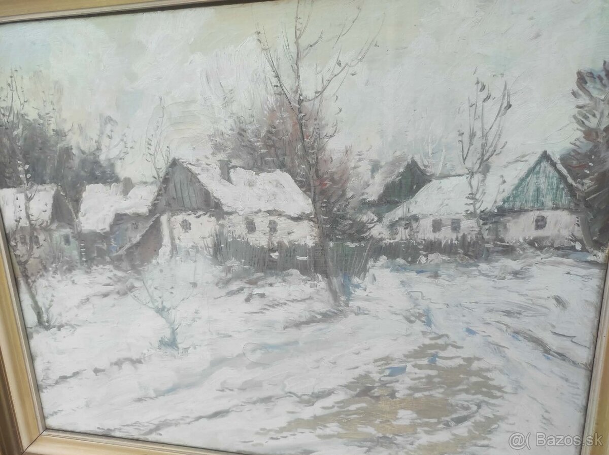 olejomalba , obraz- chalupky v zime. - 4