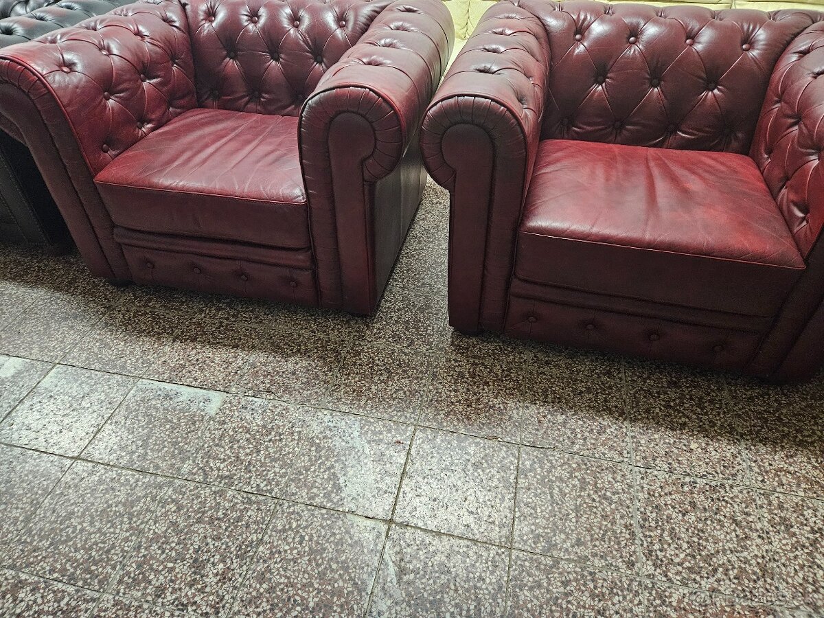 CHESTERFIELD ŠTÝL,BORDOVOČERVENÁ KOŽENÁ SEDAČKA 3+1+1 - 4