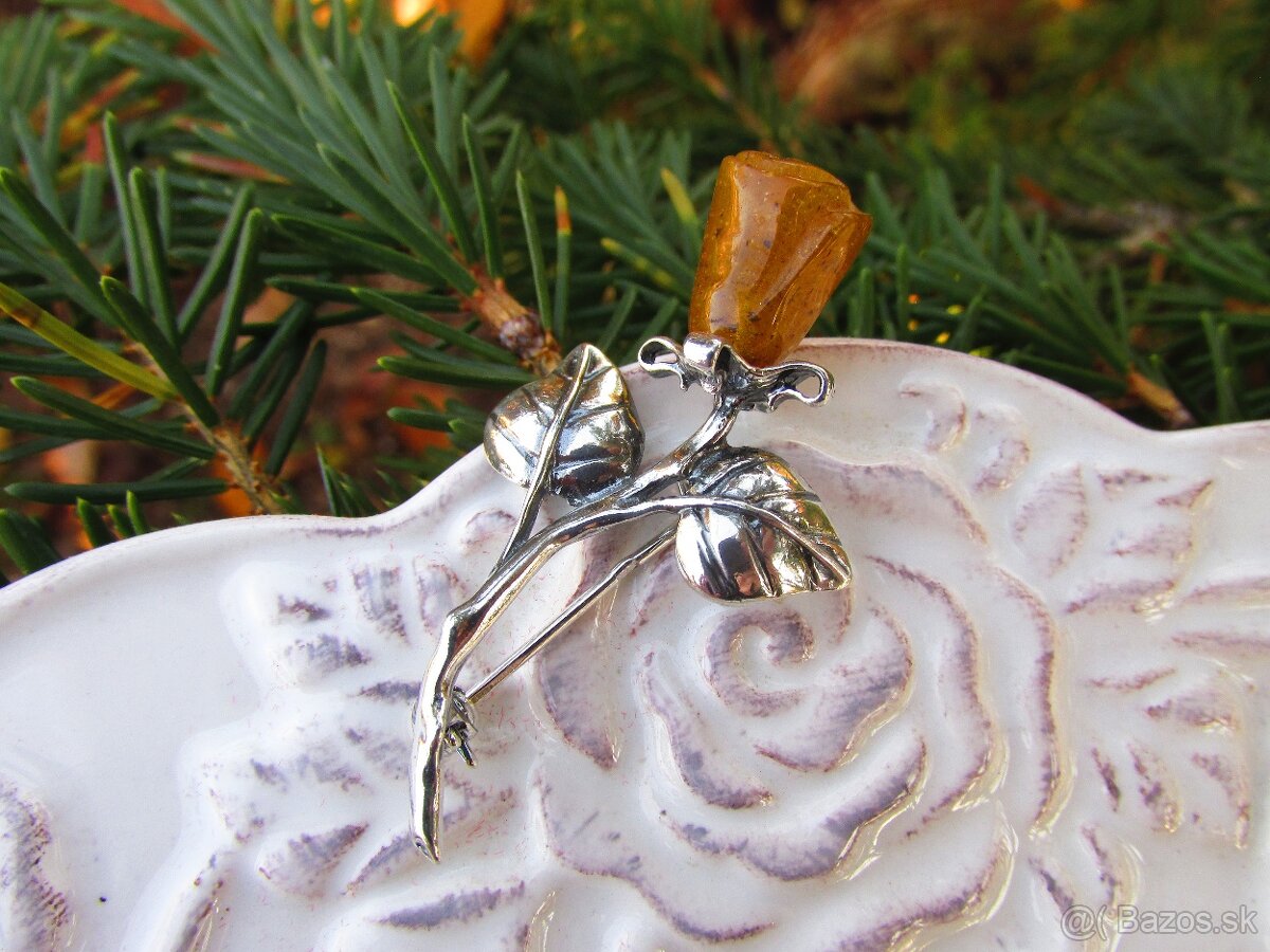 Strieborná brošňa Ruža osádzaná Jantárom, Ag 925 - 4