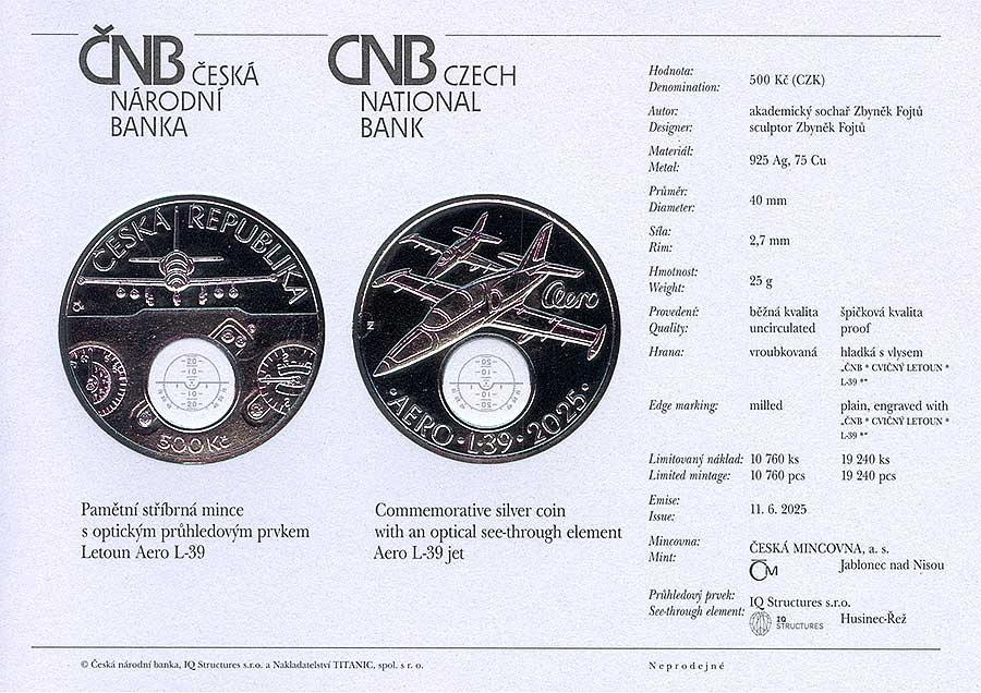 Stříbrná mince ČNB 500 Kč letoun AERO L-39 Albatros, BK - 4