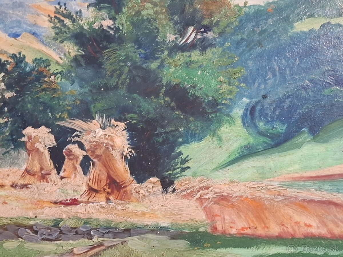 Predám starú olejomalbu na kartone krajinomalba snopy - 4