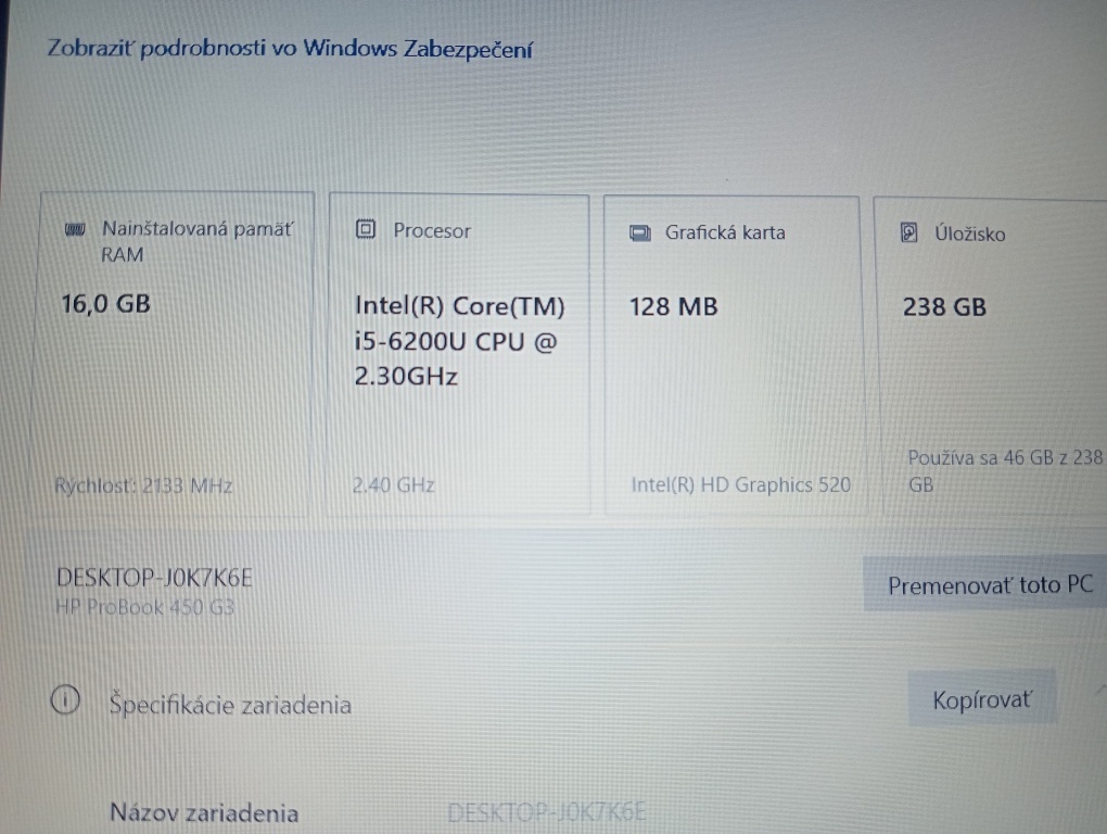 predám Hp probook 450 g3 , Intel core i5 , 16gb ram , ssd - 4