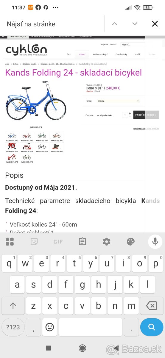 Predám skladací bicykel 24" kolesa. Zadná brzda kontra. Ser - 4