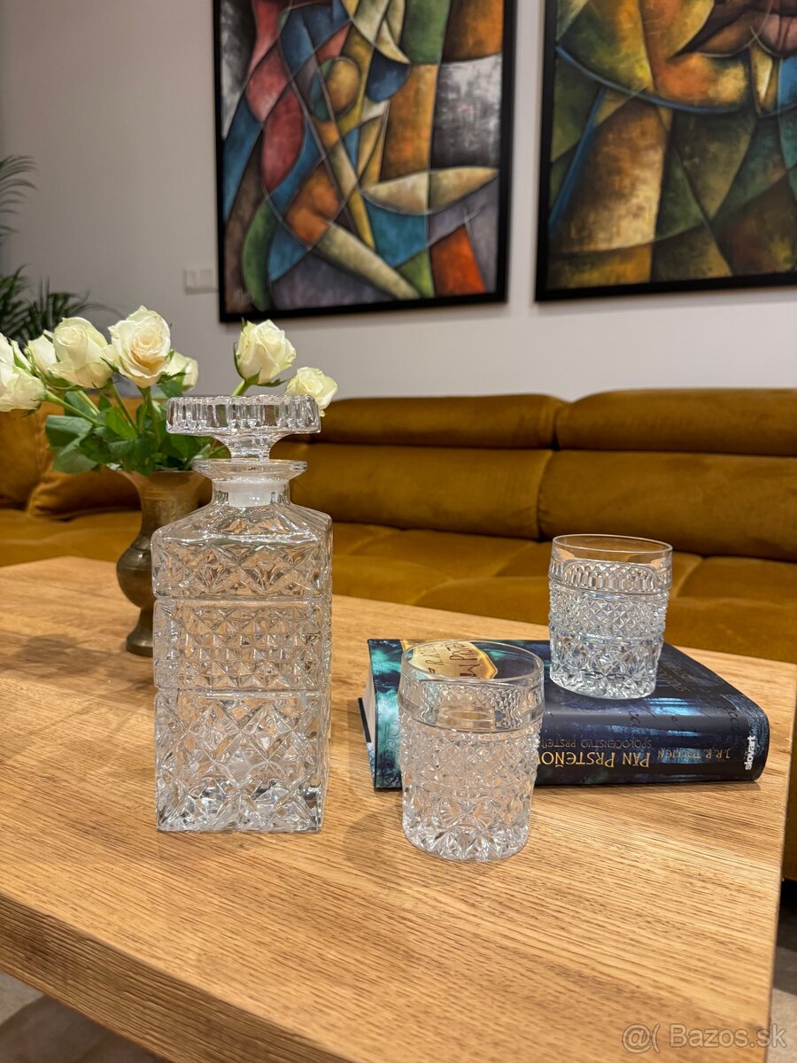 Československá krištálová karafa a veľké whiskey poháre 6 ks - 4