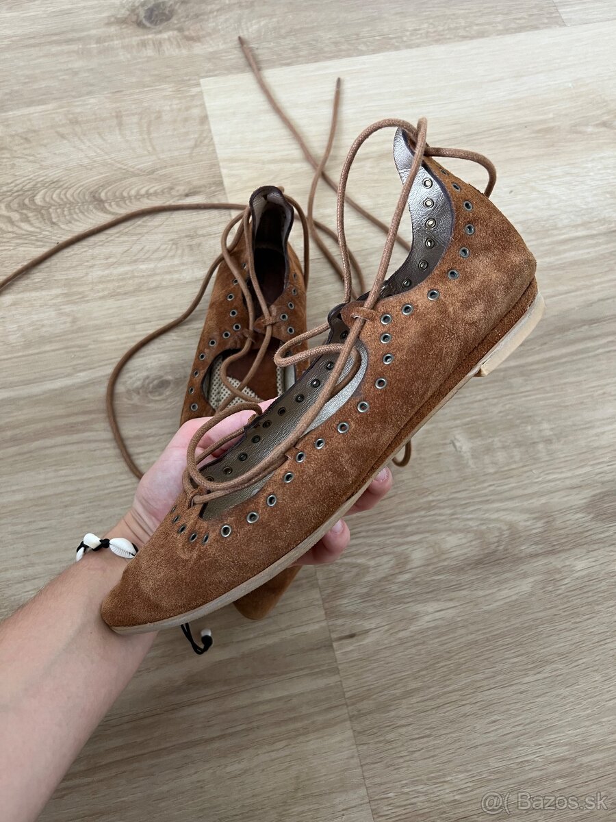 Hnedé kožené baleríny - 4