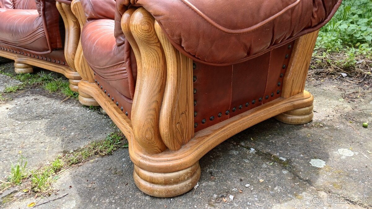 Kožená sedacia súprava 3+1+1 s mas.dubovym drevom - 4