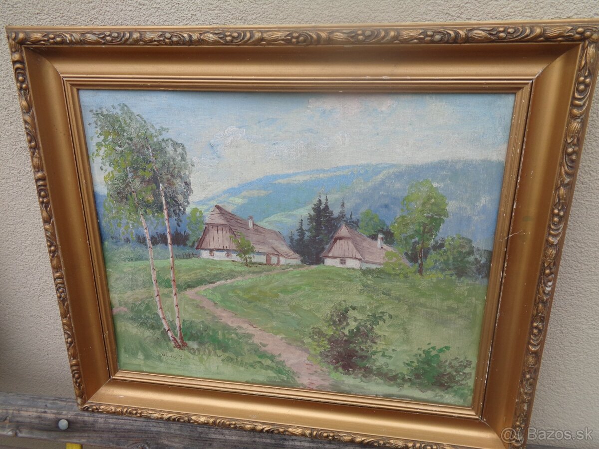 obraz, chalupky na okraji lesa - olejomalba - 4