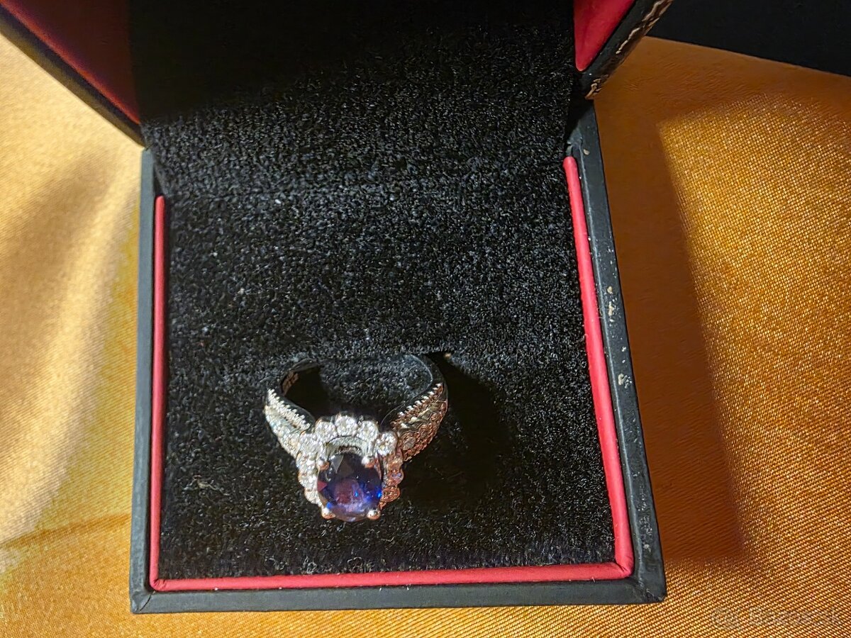 Zásnubný prsteň – biele zlato, brilianty, pravý zafír, certi - 4