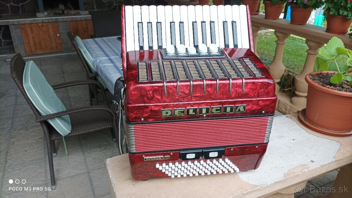Harmonika -Akordeon.Delícia Junior červená perleť 72basová. - 4