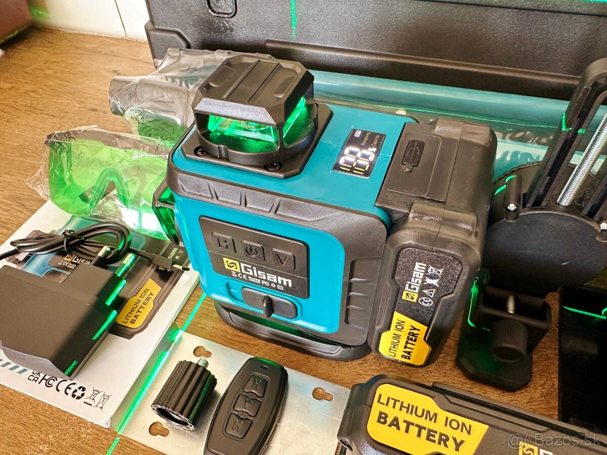 Zelený 4D samonivelačný laser Gisarn so statívom + 2 batérie - 4