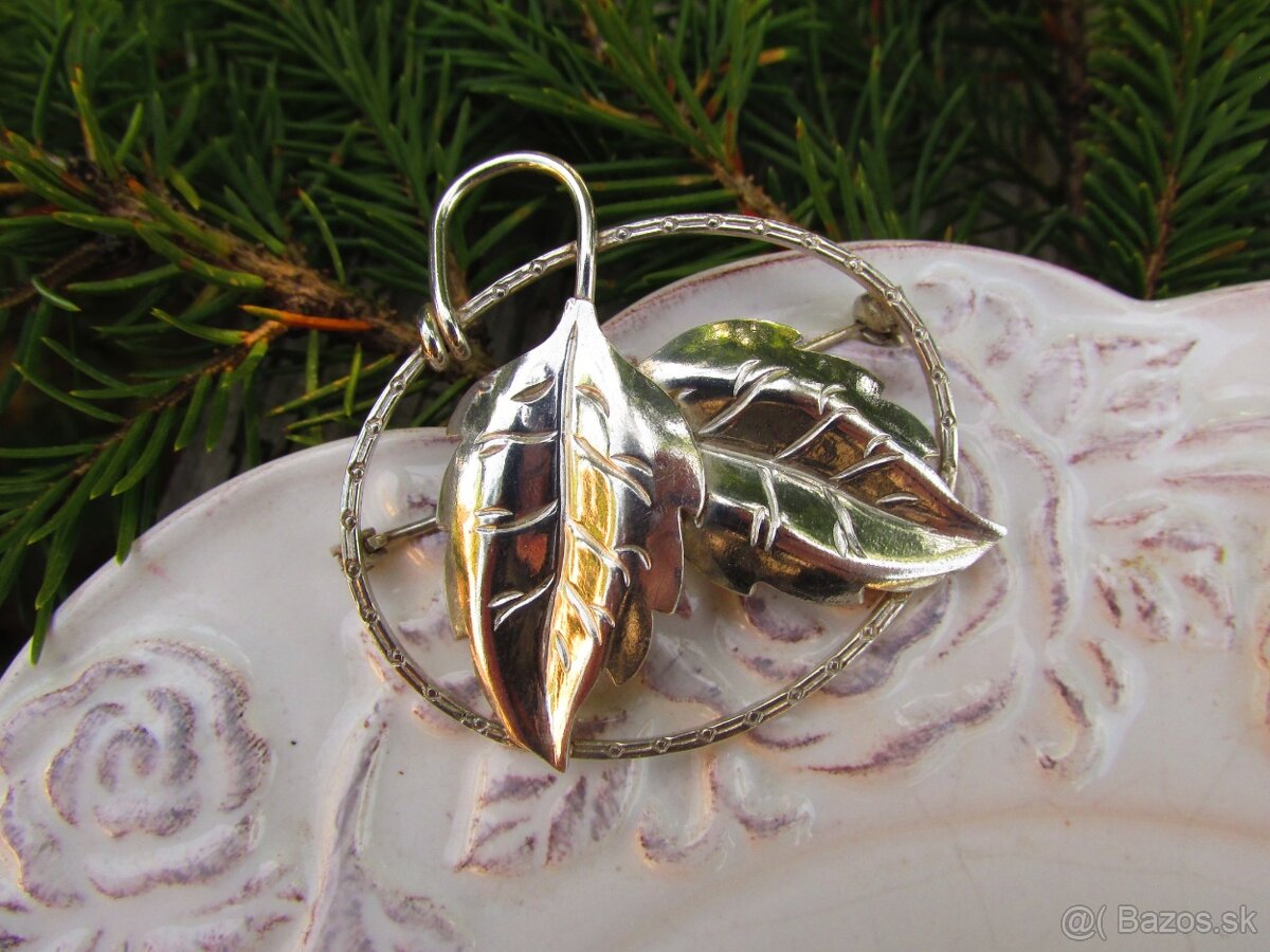 Stará strieborná brošňa listy, Ag 900 - 4