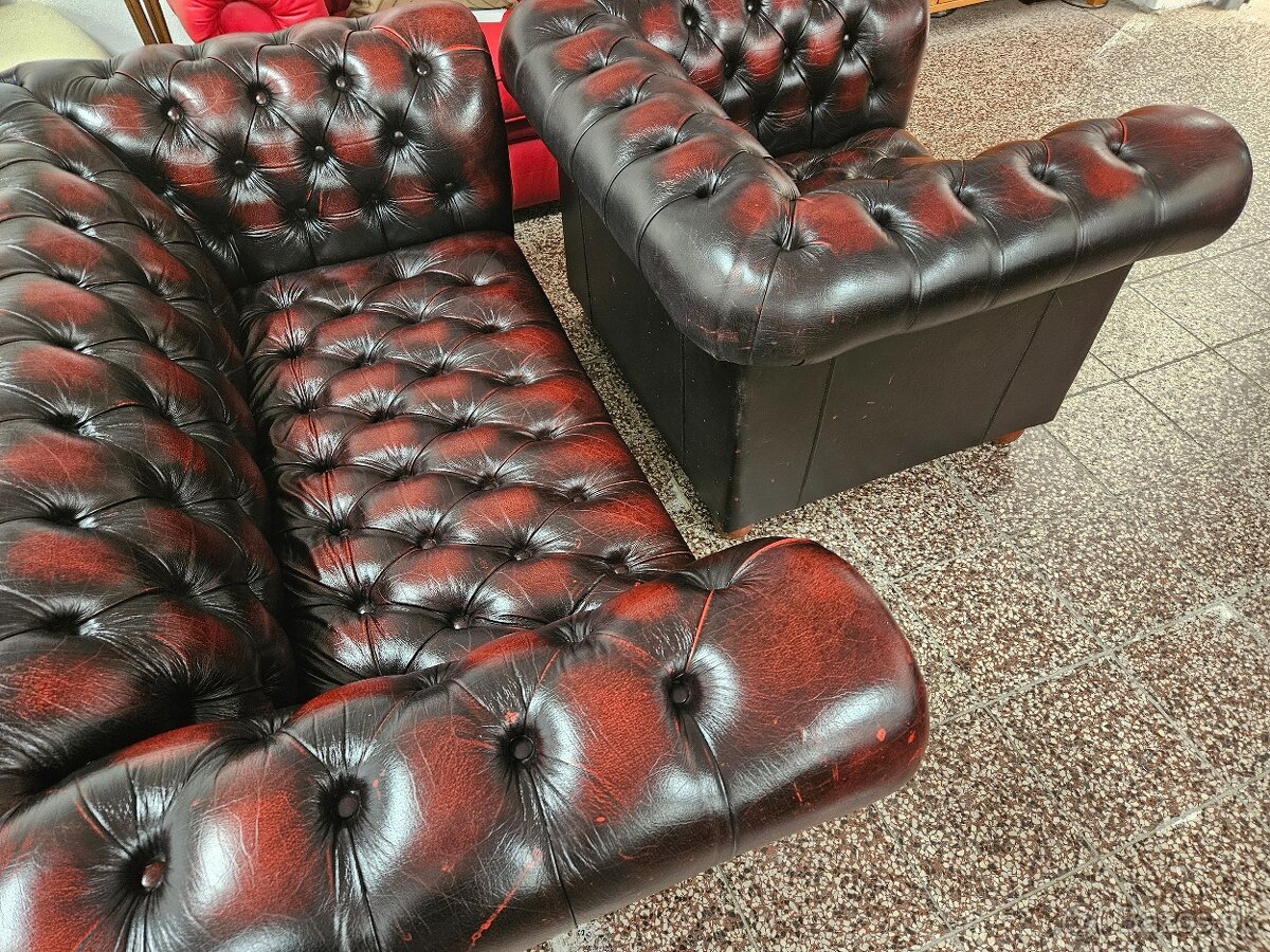 CHESTERFIELD ŠTÝL KOŽENÁ,BORDOVO-ČIERNA 3+2+1 - 4